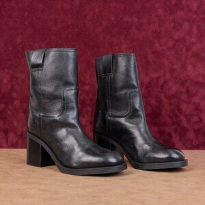 Schutz Women Wyatt Black Leather Western Pull-on Mid Calf Boots sz 8